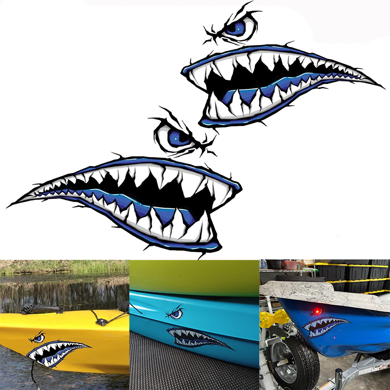 Fishing Kayak Sit On Top - 2 個サメの歯口ボートステッカー防水 DIY カヤック漁船カヌー車のトラック日焼け止め修正ビニールデカール